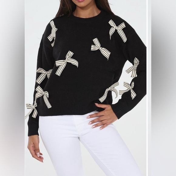 Rain + Rose Sweaters - Chic Black Crew Neck, Bow Sweater
